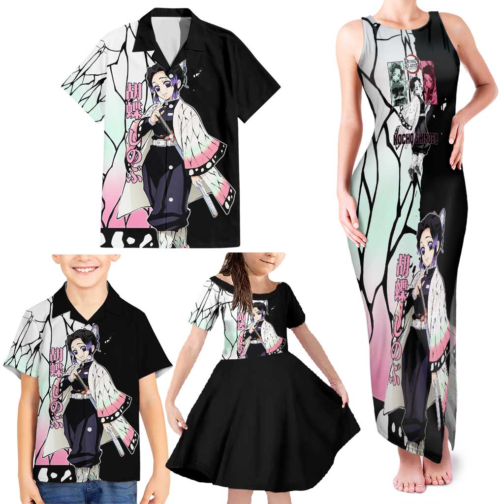 Shinobu Kocho from Demon Slayer Family Matching Tank Maxi Dress and Hawaiian Shirt with Black and White Wing Pattern and Pastel Manga Panel Design - The Mazicc