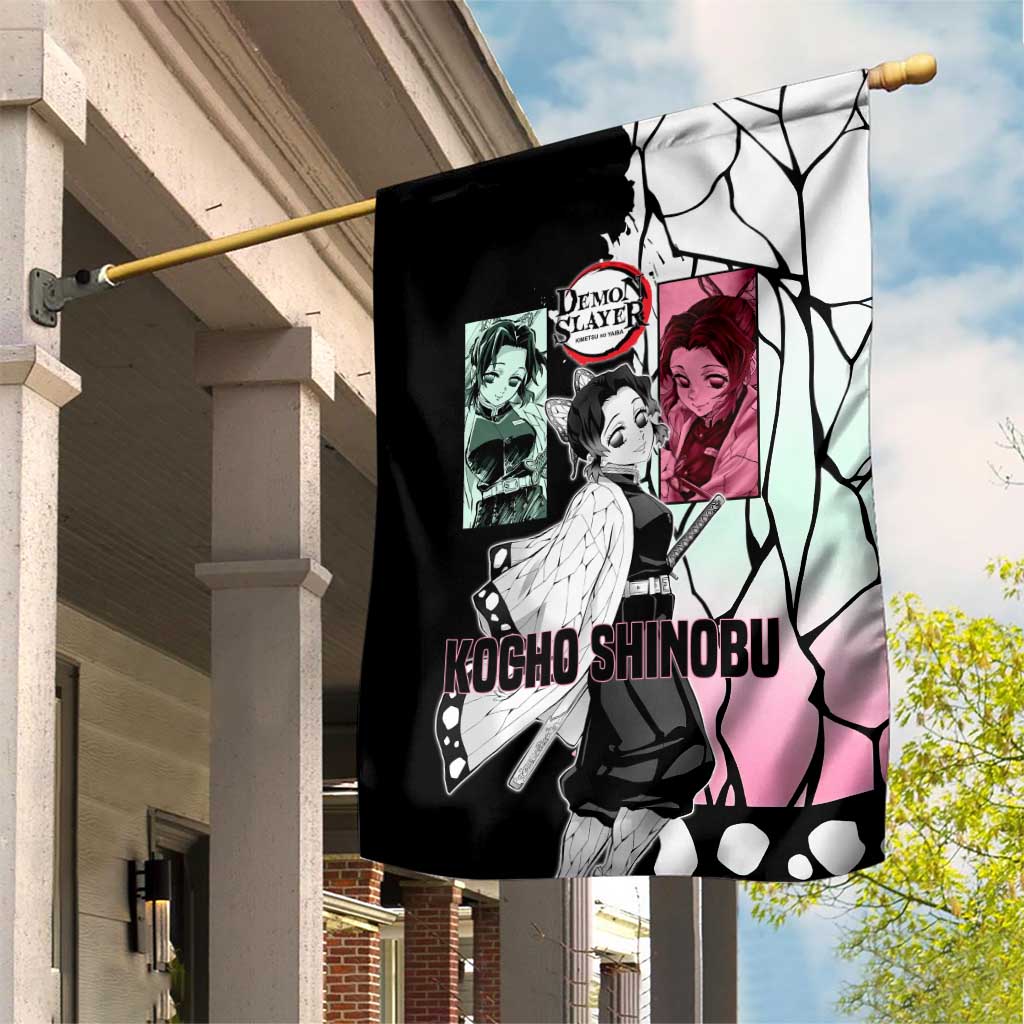 Shinobu Kocho from Demon Slayer Garden Flag with Black and White Wing Pattern and Pastel Manga Panel Design - The Mazicc