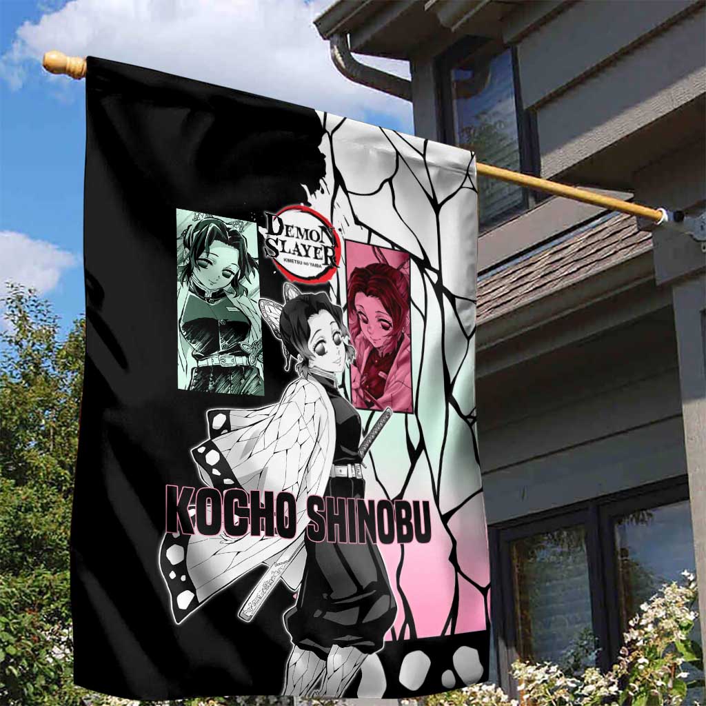 Shinobu Kocho from Demon Slayer Garden Flag with Black and White Wing Pattern and Pastel Manga Panel Design - The Mazicc