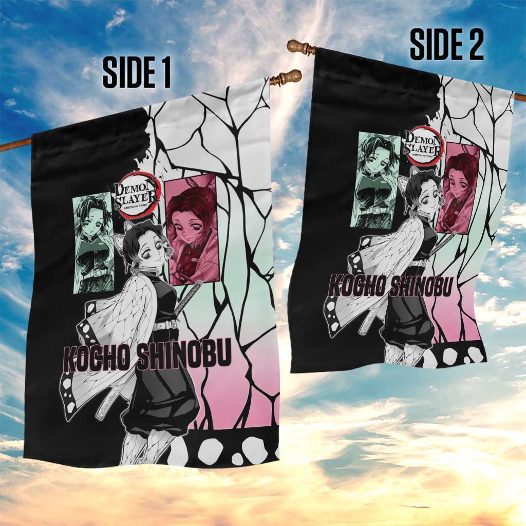 Shinobu Kocho from Demon Slayer Garden Flag with Black and White Wing Pattern and Pastel Manga Panel Design - The Mazicc