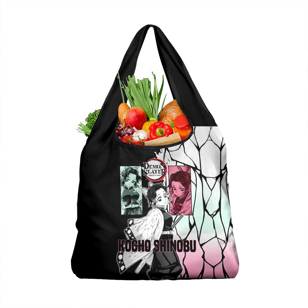 Shinobu Kocho from Demon Slayer Grocery Bag with Black and White Wing Pattern and Pastel Manga Panel Design - The Mazicc