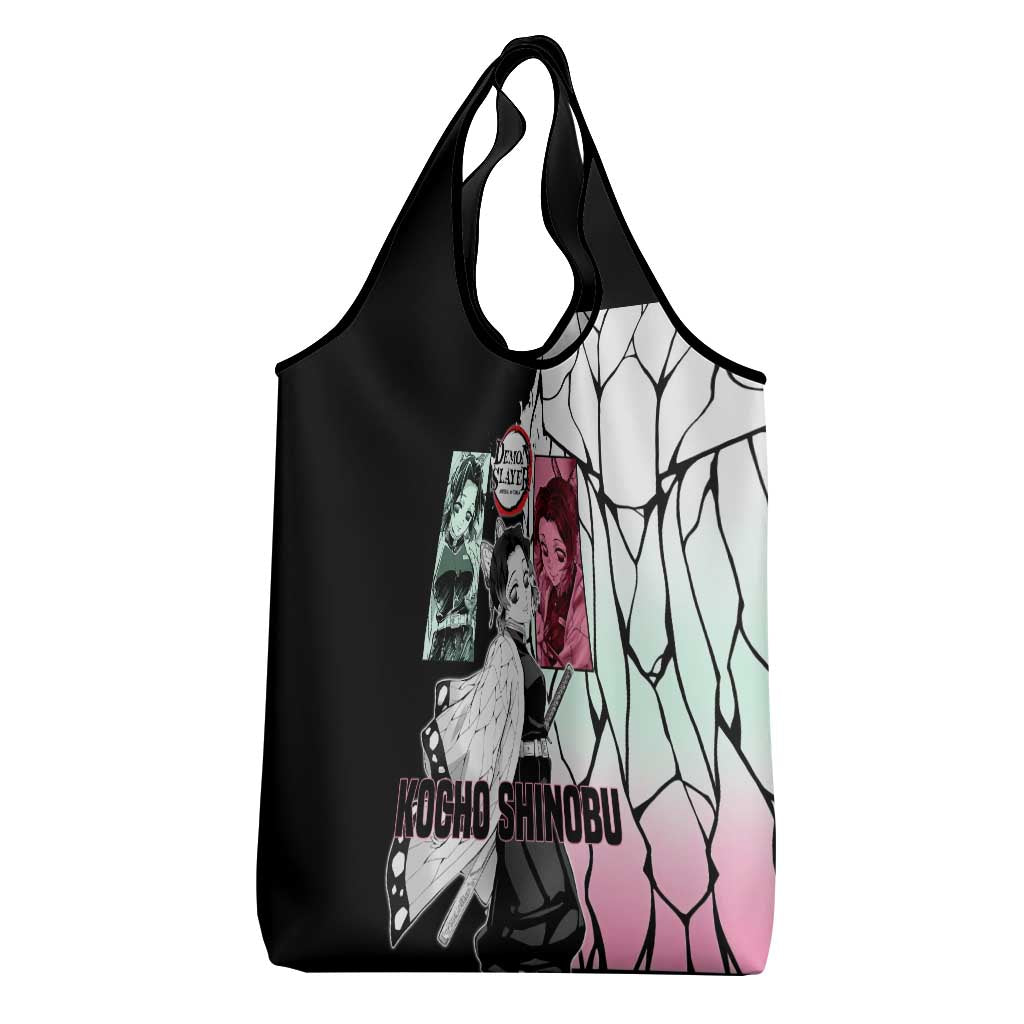 Shinobu Kocho from Demon Slayer Grocery Bag with Black and White Wing Pattern and Pastel Manga Panel Design - The Mazicc