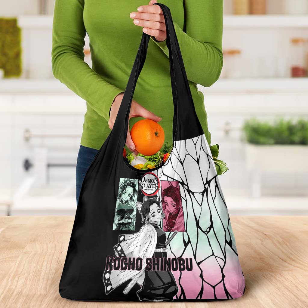 Shinobu Kocho from Demon Slayer Grocery Bag with Black and White Wing Pattern and Pastel Manga Panel Design - The Mazicc