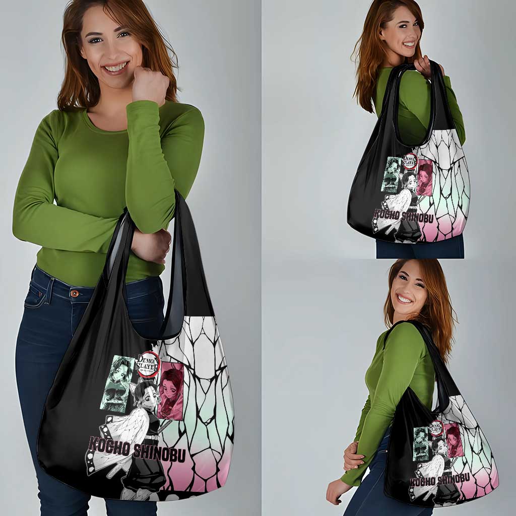 Shinobu Kocho from Demon Slayer Grocery Bag with Black and White Wing Pattern and Pastel Manga Panel Design - The Mazicc