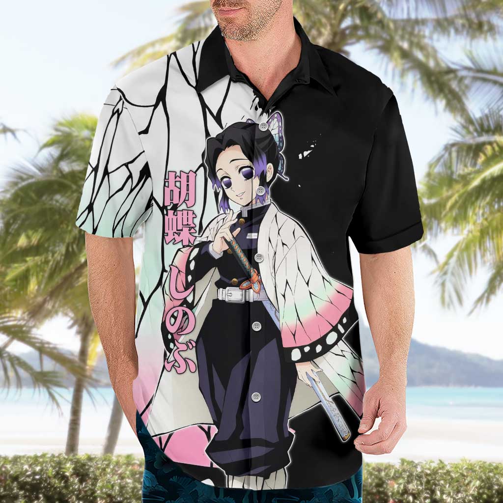 Shinobu Kocho from Demon Slayer Hawaiian Shirt with Black and White Wing Pattern and Pastel Manga Panel Design - The Mazicc