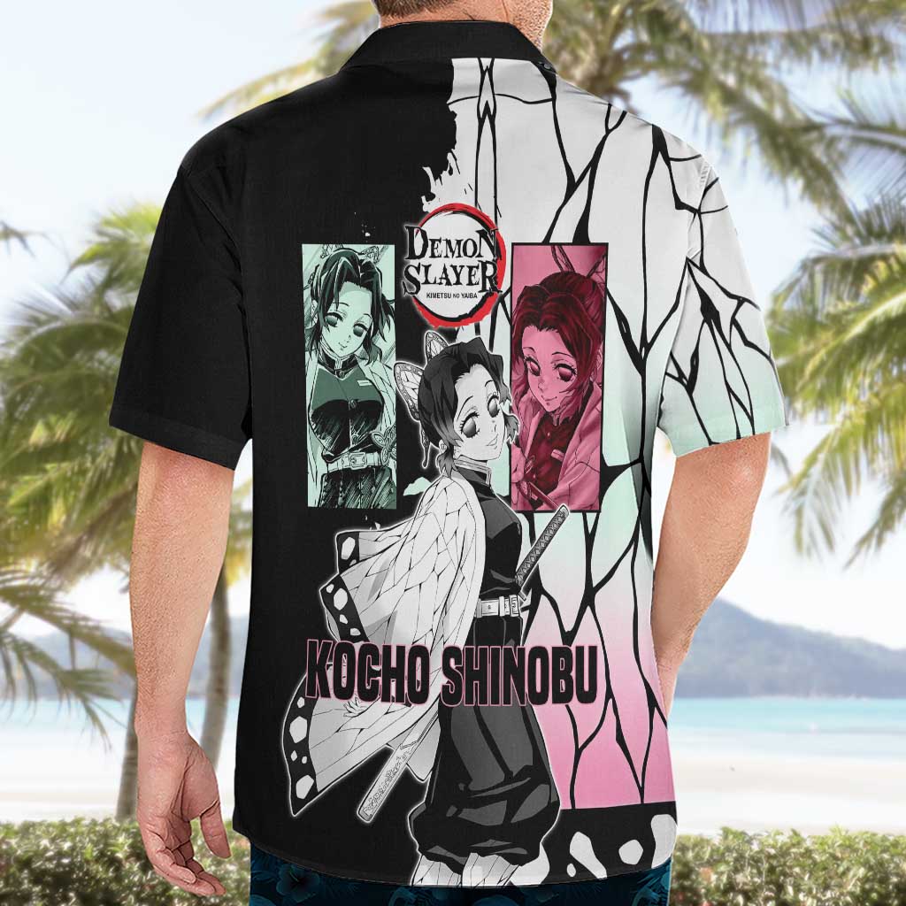 Shinobu Kocho from Demon Slayer Hawaiian Shirt with Black and White Wing Pattern and Pastel Manga Panel Design - The Mazicc