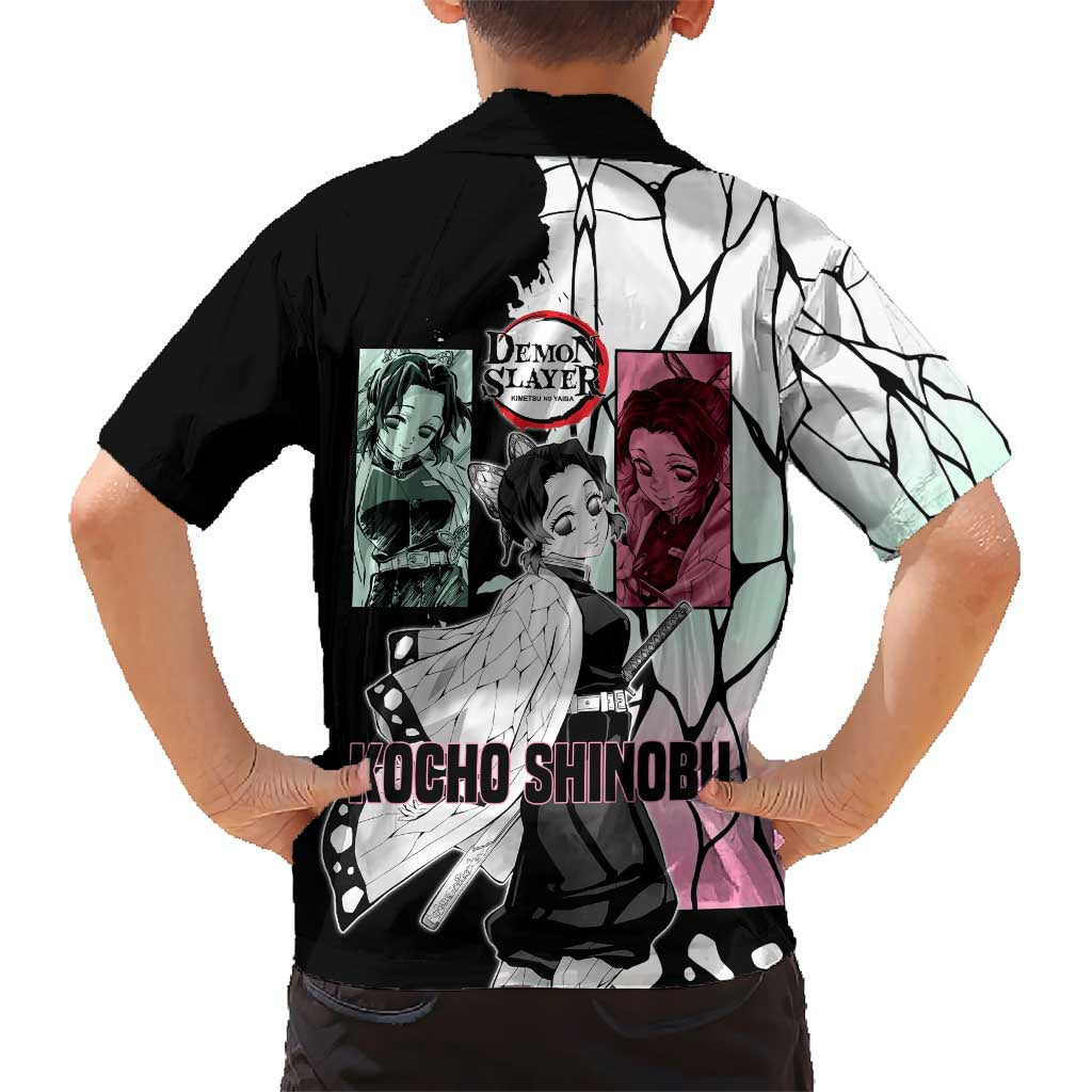 Shinobu Kocho from Demon Slayer Hawaiian Shirt with Black and White Wing Pattern and Pastel Manga Panel Design - The Mazicc