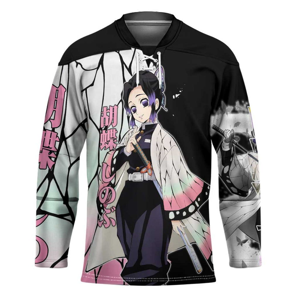 Shinobu Kocho from Demon Slayer Hockey Jersey with Black and White Wing Pattern and Pastel Manga Panel Design - The Mazicc