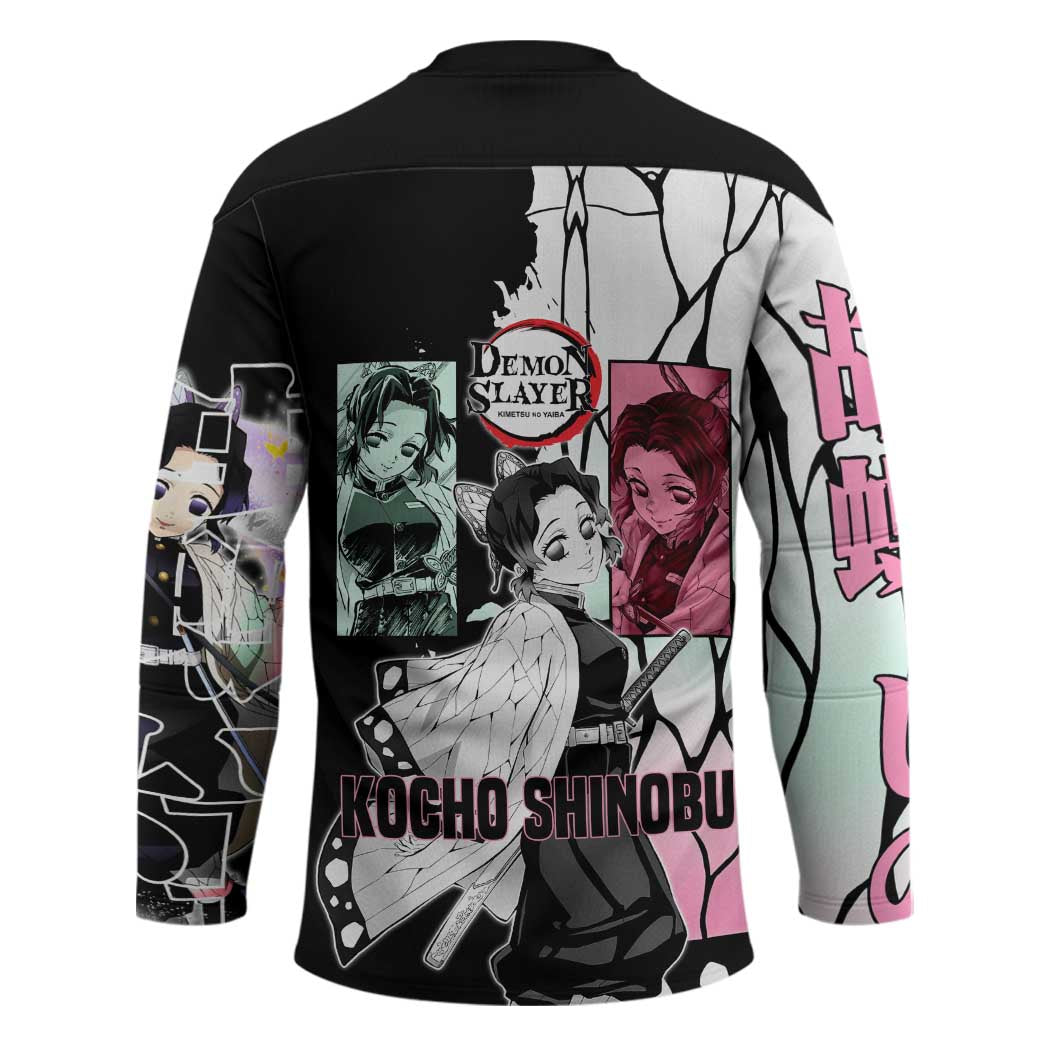 Shinobu Kocho from Demon Slayer Hockey Jersey with Black and White Wing Pattern and Pastel Manga Panel Design - The Mazicc
