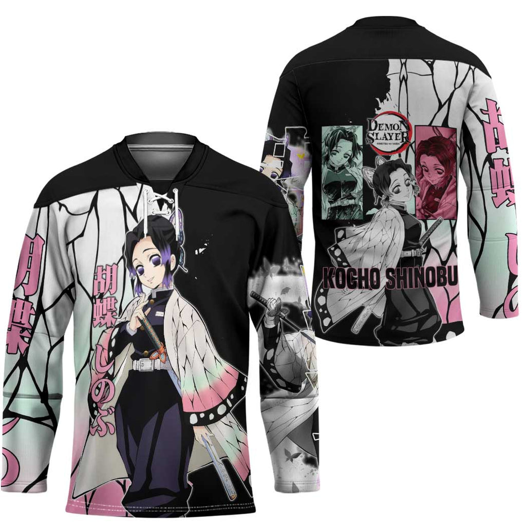Shinobu Kocho from Demon Slayer Hockey Jersey with Black and White Wing Pattern and Pastel Manga Panel Design - The Mazicc
