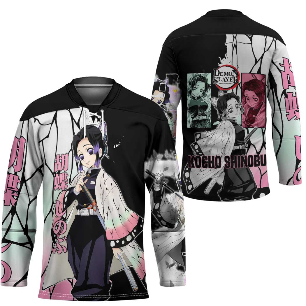 Shinobu Kocho from Demon Slayer Hockey Jersey with Black and White Wing Pattern and Pastel Manga Panel Design - The Mazicc