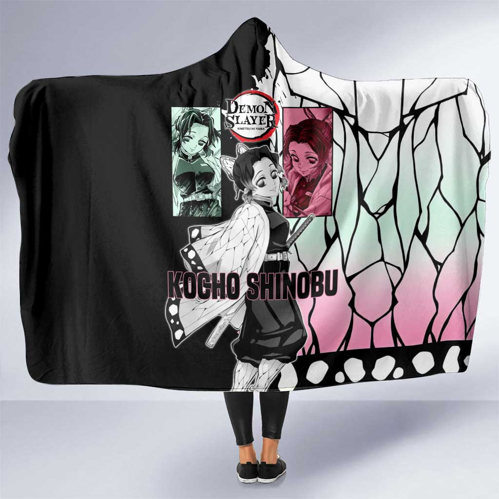 Shinobu Kocho from Demon Slayer Hooded Blanket with Black and White Wing Pattern and Pastel Manga Panel Design - The Mazicc
