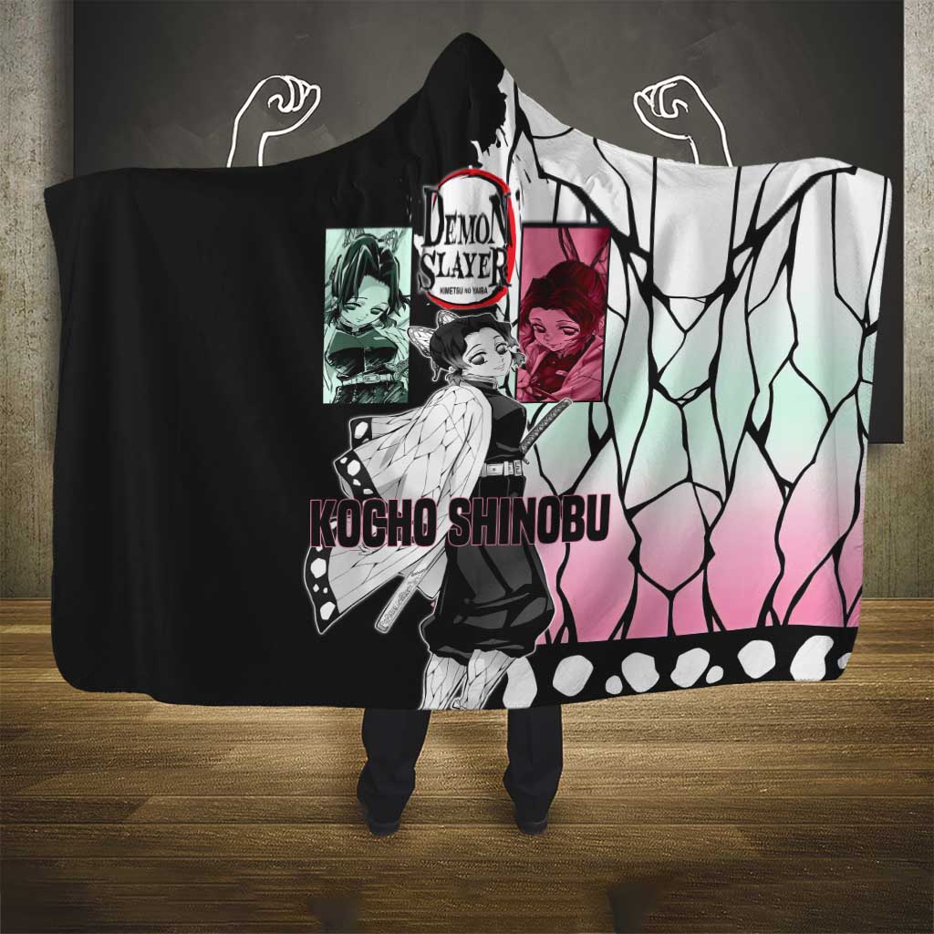 Shinobu Kocho from Demon Slayer Hooded Blanket with Black and White Wing Pattern and Pastel Manga Panel Design - The Mazicc