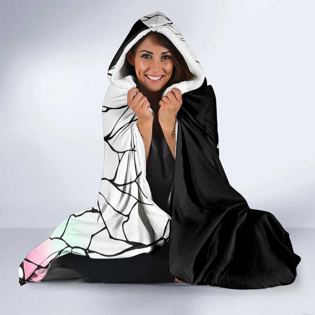 Shinobu Kocho from Demon Slayer Hooded Blanket with Black and White Wing Pattern and Pastel Manga Panel Design - The Mazicc