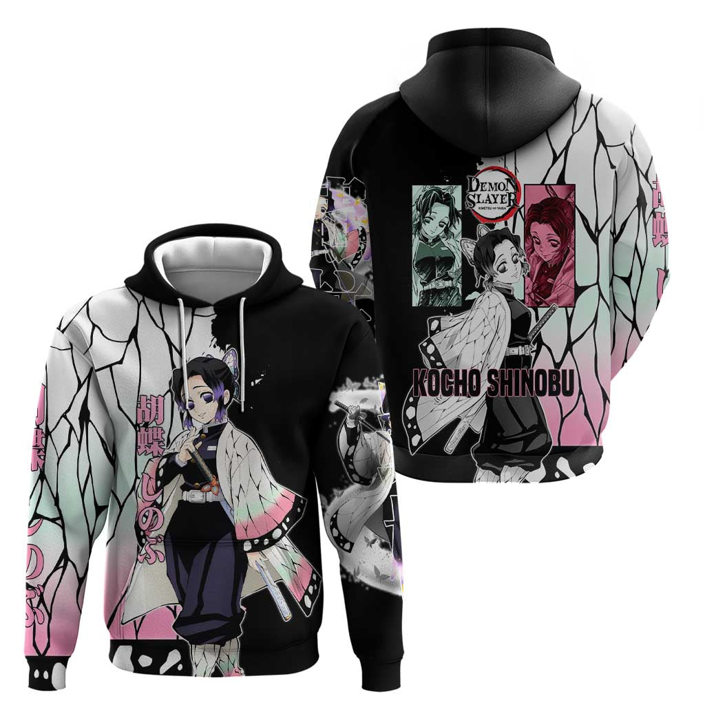 Shinobu Kocho from Demon Slayer Hoodie with Black and White Wing Pattern and Pastel Manga Panel Design - The Mazicc