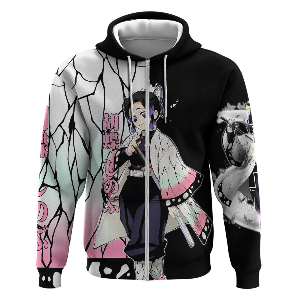 Shinobu Kocho from Demon Slayer Hoodie with Black and White Wing Pattern and Pastel Manga Panel Design - The Mazicc