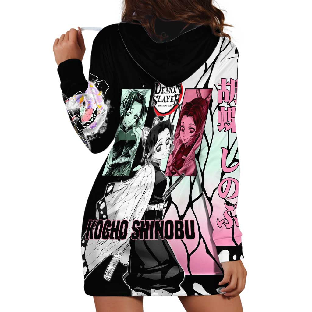 Shinobu Kocho from Demon Slayer Hoodie Dress with Black and White Wing Pattern and Pastel Manga Panel Design - The Mazicc