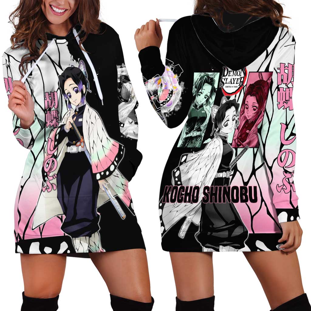 Shinobu Kocho from Demon Slayer Hoodie Dress with Black and White Wing Pattern and Pastel Manga Panel Design - The Mazicc