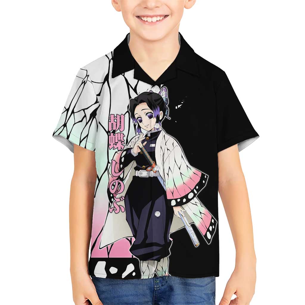 Shinobu Kocho from Demon Slayer Kid Hawaiian Shirt with Black and White Wing Pattern and Pastel Manga Panel Design - The Mazicc