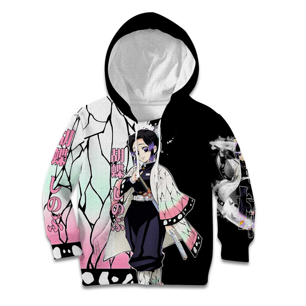 Shinobu Kocho from Demon Slayer Kid Hoodie with Black and White Wing Pattern and Pastel Manga Panel Design - The Mazicc