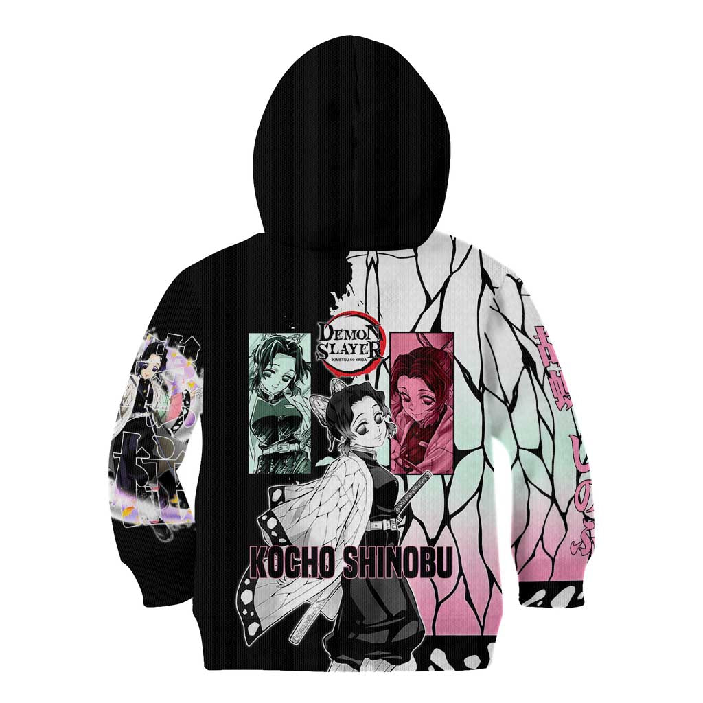 Shinobu Kocho from Demon Slayer Kid Hoodie with Black and White Wing Pattern and Pastel Manga Panel Design - The Mazicc