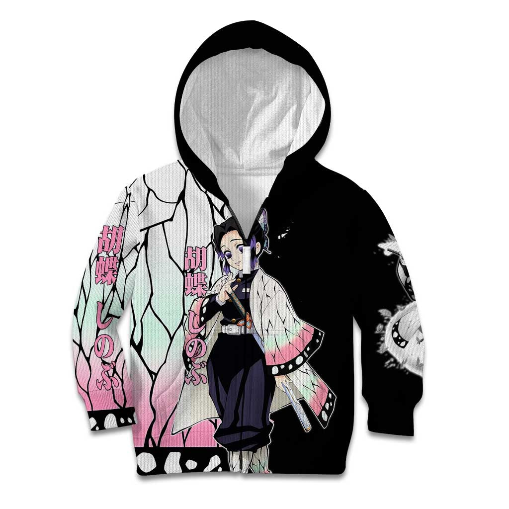 Shinobu Kocho from Demon Slayer Kid Hoodie with Black and White Wing Pattern and Pastel Manga Panel Design - The Mazicc