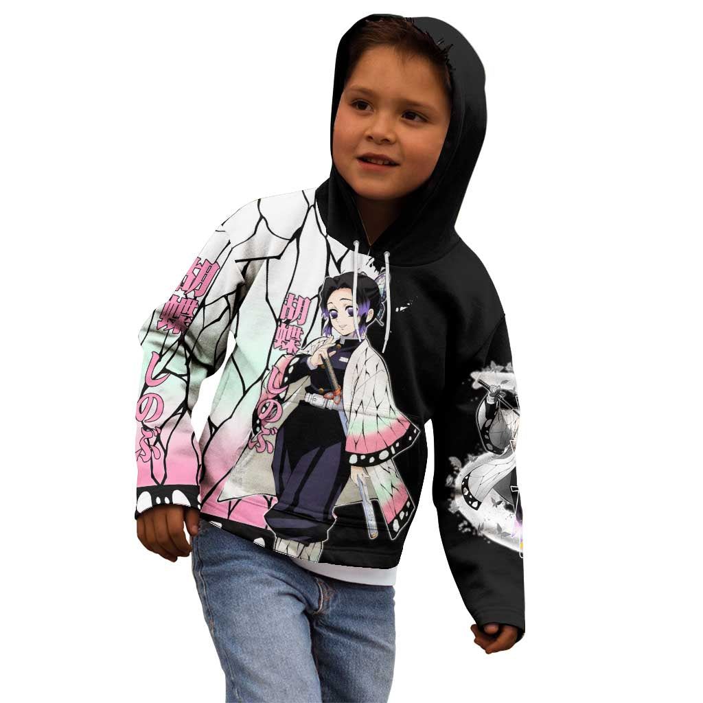 Shinobu Kocho from Demon Slayer Kid Hoodie with Black and White Wing Pattern and Pastel Manga Panel Design - The Mazicc