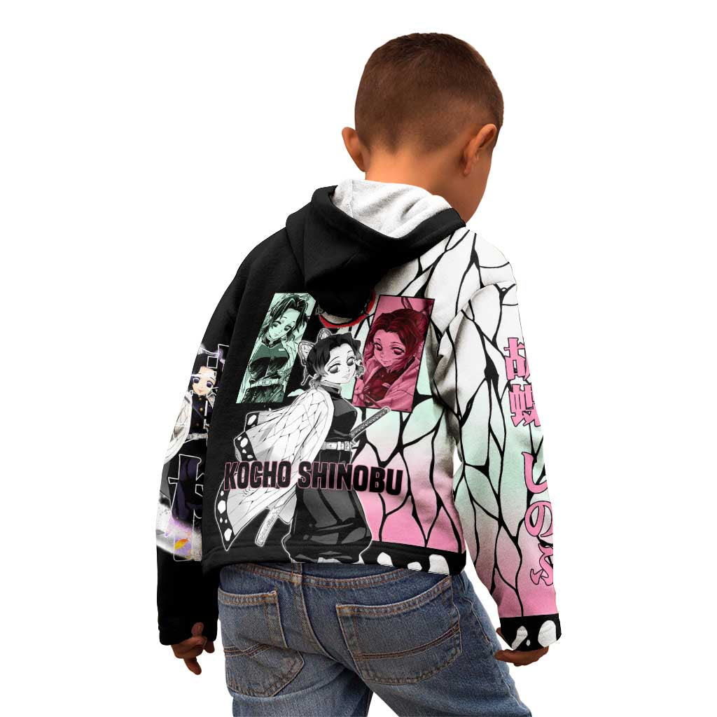 Shinobu Kocho from Demon Slayer Kid Hoodie with Black and White Wing Pattern and Pastel Manga Panel Design - The Mazicc