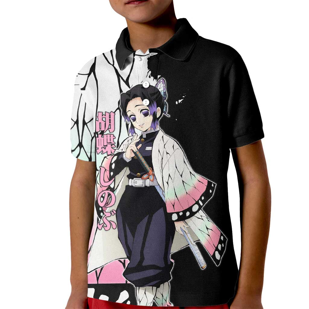 Shinobu Kocho from Demon Slayer Kid Polo Shirt with Black and White Wing Pattern and Pastel Manga Panel Design - The Mazicc