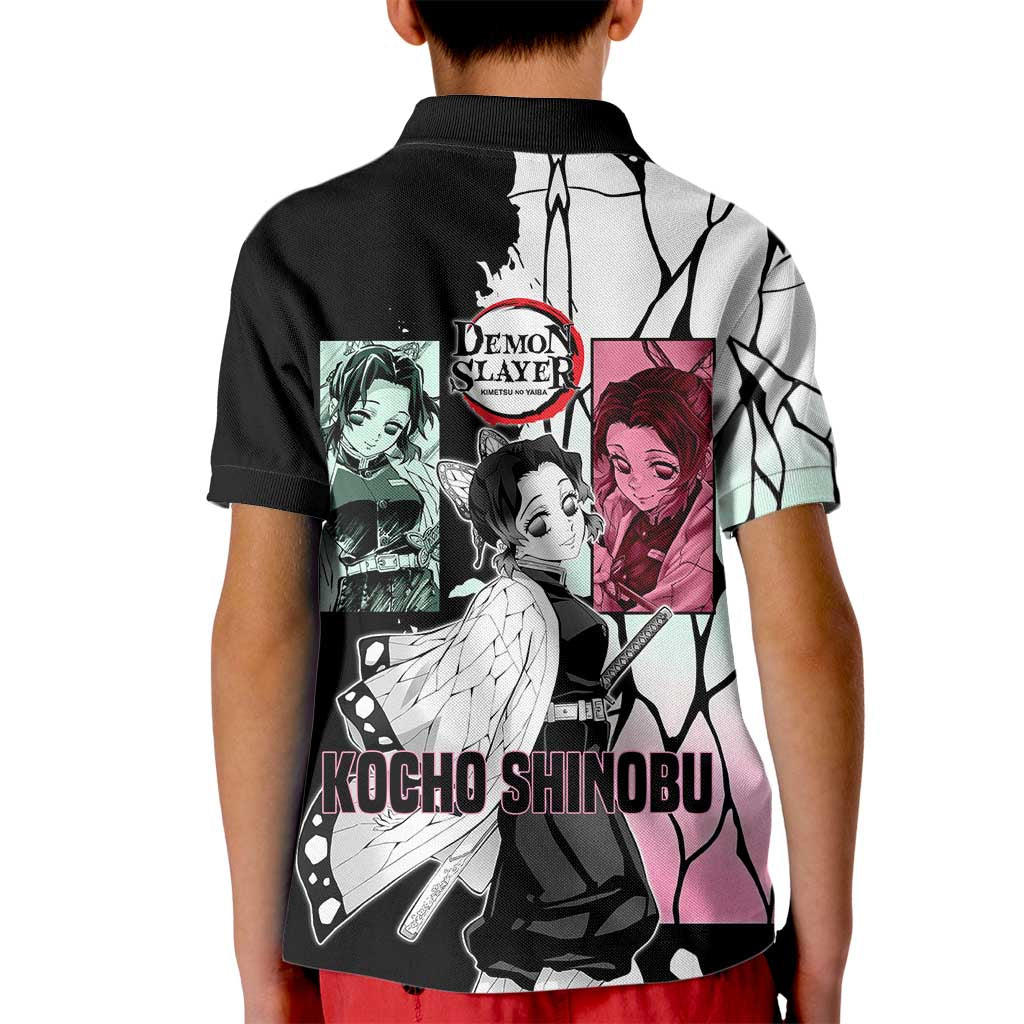 Shinobu Kocho from Demon Slayer Kid Polo Shirt with Black and White Wing Pattern and Pastel Manga Panel Design - The Mazicc