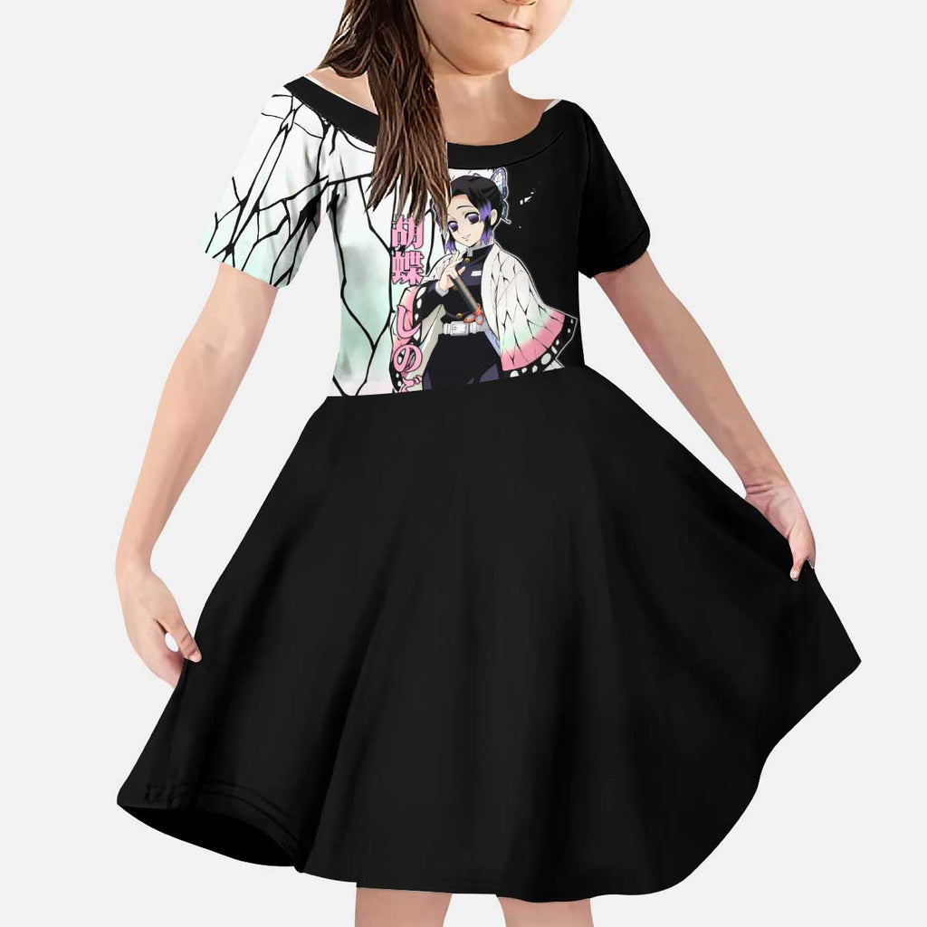 Shinobu Kocho from Demon Slayer Kid Short Sleeve Dress with Black and White Wing Pattern and Pastel Manga Panel Design - The Mazicc