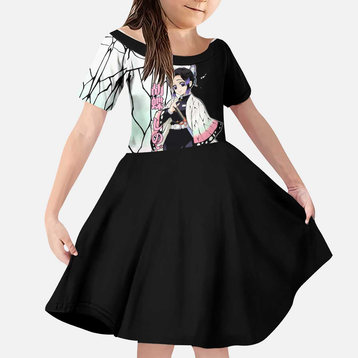 Shinobu Kocho from Demon Slayer Kid Short Sleeve Dress with Black and White Wing Pattern and Pastel Manga Panel Design - The Mazicc