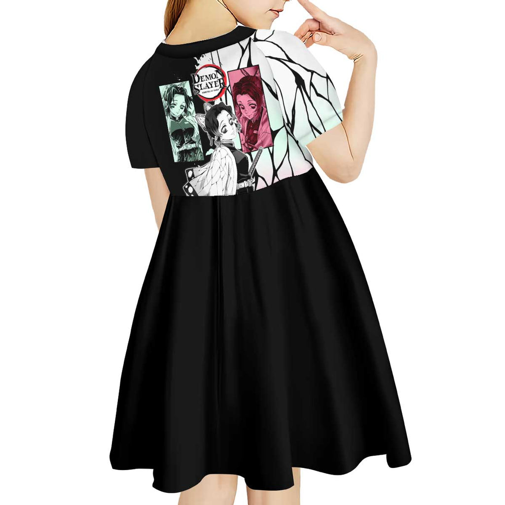 Shinobu Kocho from Demon Slayer Kid Short Sleeve Dress with Black and White Wing Pattern and Pastel Manga Panel Design - The Mazicc