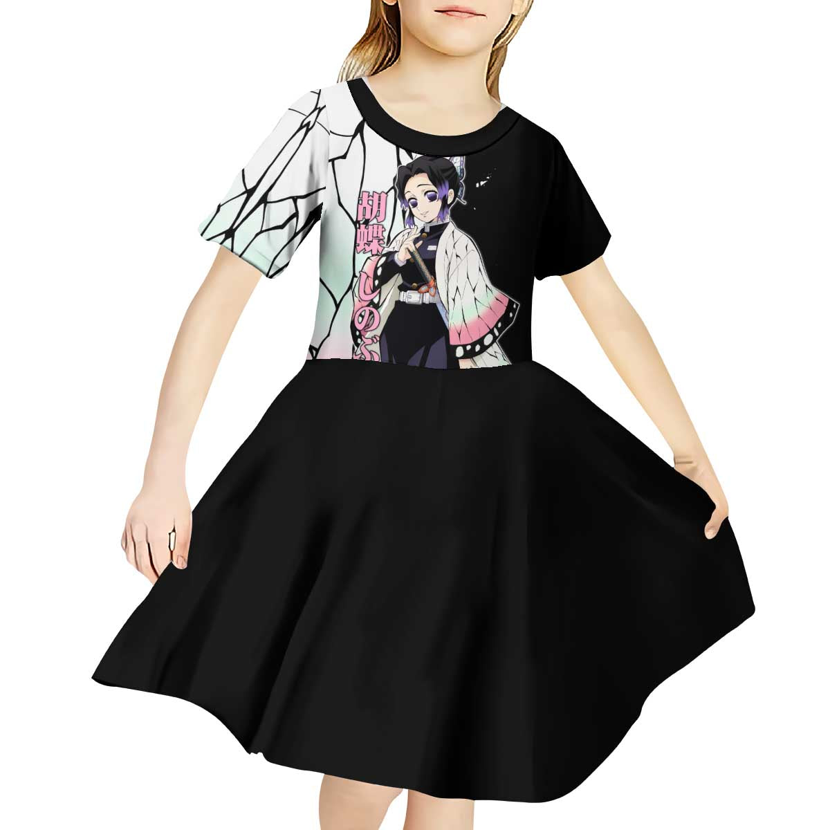 Shinobu Kocho from Demon Slayer Kid Short Sleeve Dress with Black and White Wing Pattern and Pastel Manga Panel Design - The Mazicc
