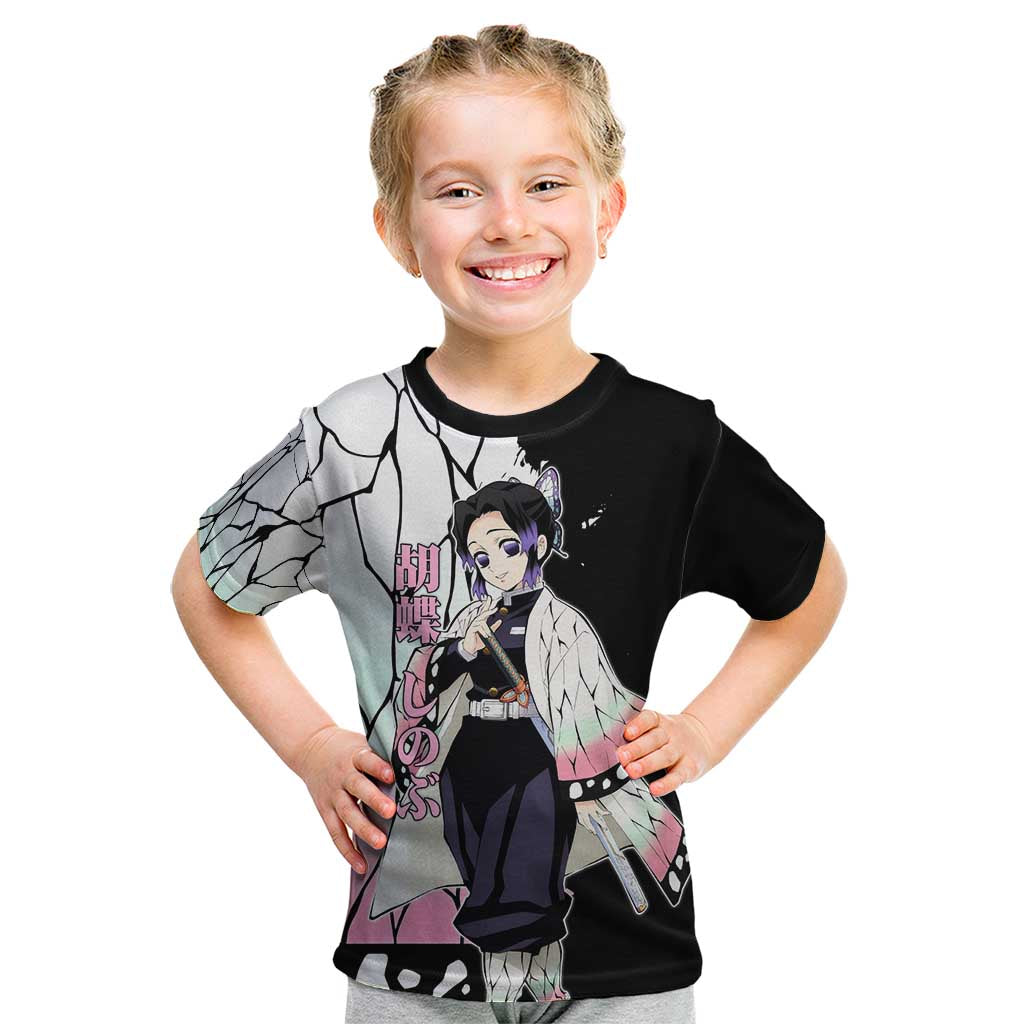 Shinobu Kocho from Demon Slayer Kid T Shirt with Black and White Wing Pattern and Pastel Manga Panel Design - The Mazicc