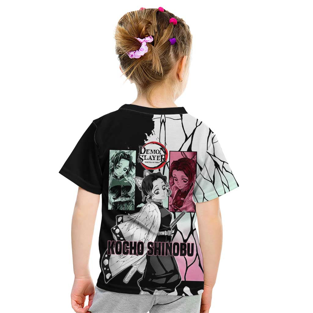 Shinobu Kocho from Demon Slayer Kid T Shirt with Black and White Wing Pattern and Pastel Manga Panel Design - The Mazicc