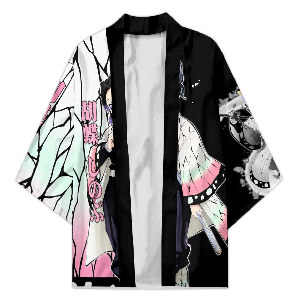 Shinobu Kocho from Demon Slayer Kimono with Black and White Wing Pattern and Pastel Manga Panel Design - The Mazicc