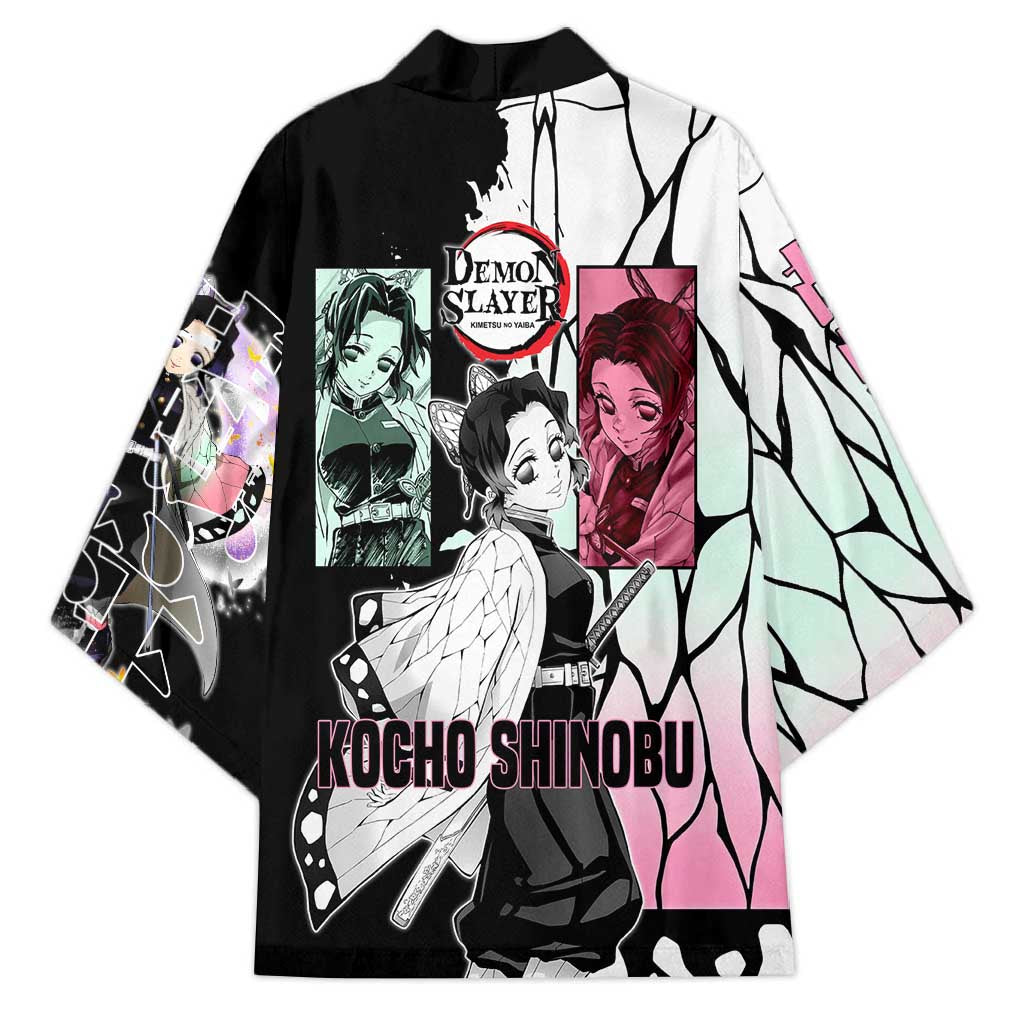 Shinobu Kocho from Demon Slayer Kimono with Black and White Wing Pattern and Pastel Manga Panel Design - The Mazicc