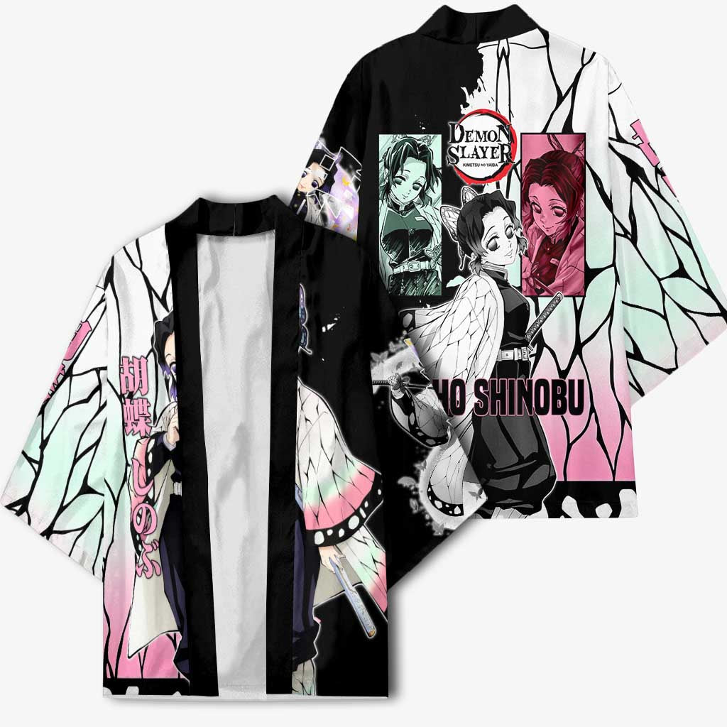 Shinobu Kocho from Demon Slayer Kimono with Black and White Wing Pattern and Pastel Manga Panel Design - The Mazicc