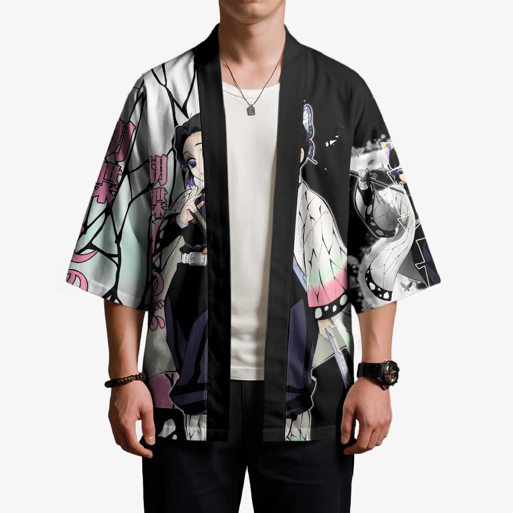 Shinobu Kocho from Demon Slayer Kimono with Black and White Wing Pattern and Pastel Manga Panel Design - The Mazicc