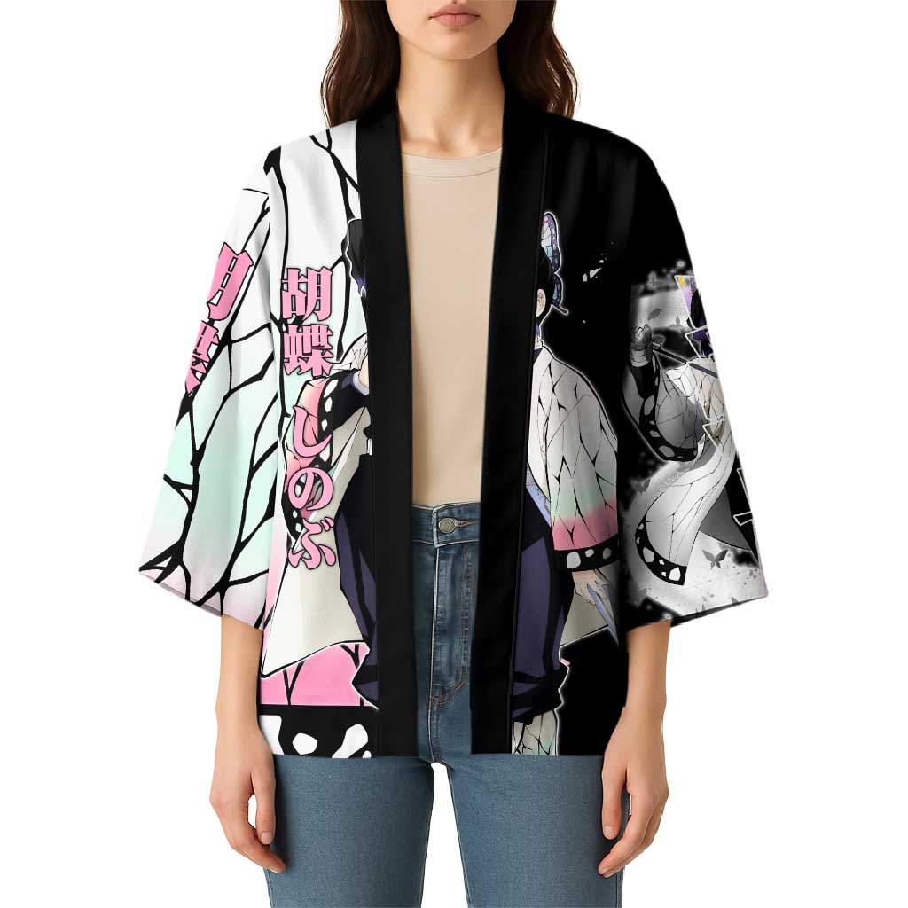 Shinobu Kocho from Demon Slayer Kimono with Black and White Wing Pattern and Pastel Manga Panel Design - The Mazicc