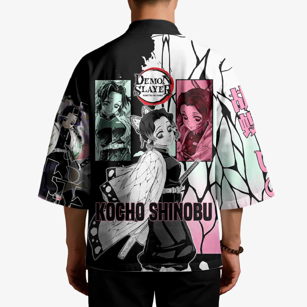 Shinobu Kocho from Demon Slayer Kimono with Black and White Wing Pattern and Pastel Manga Panel Design - The Mazicc