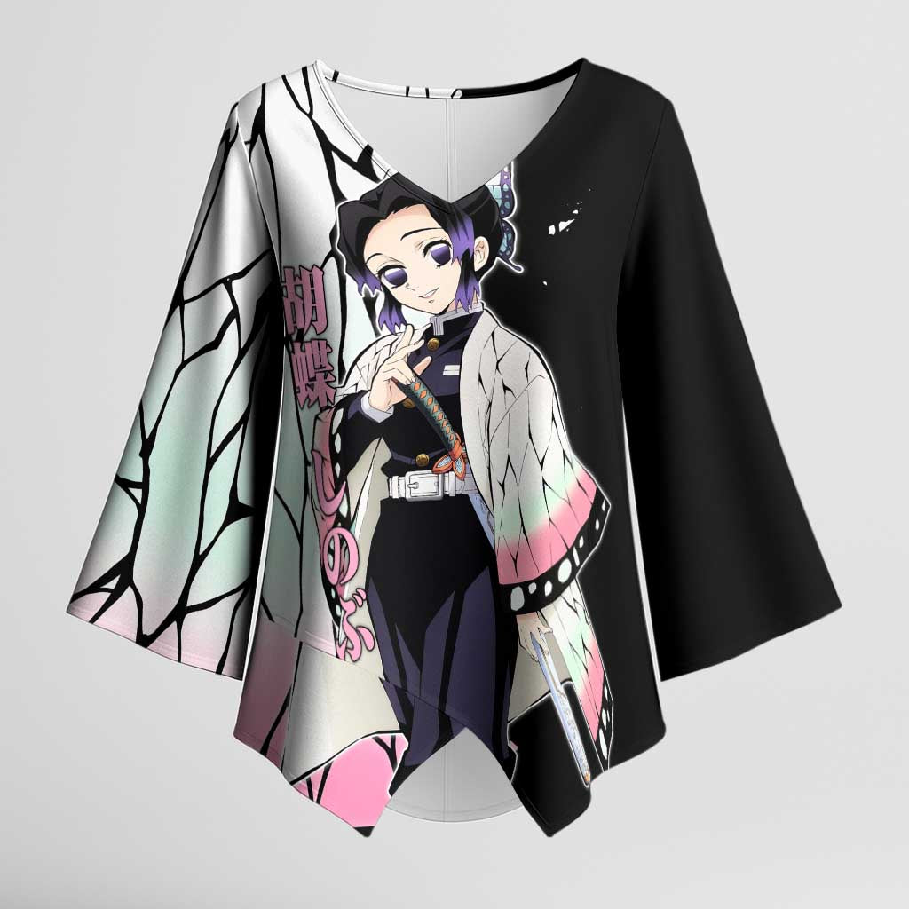 Shinobu Kocho from Demon Slayer Kimono Sleeve Blouse with Black and White Wing Pattern and Pastel Manga Panel Design - The Mazicc