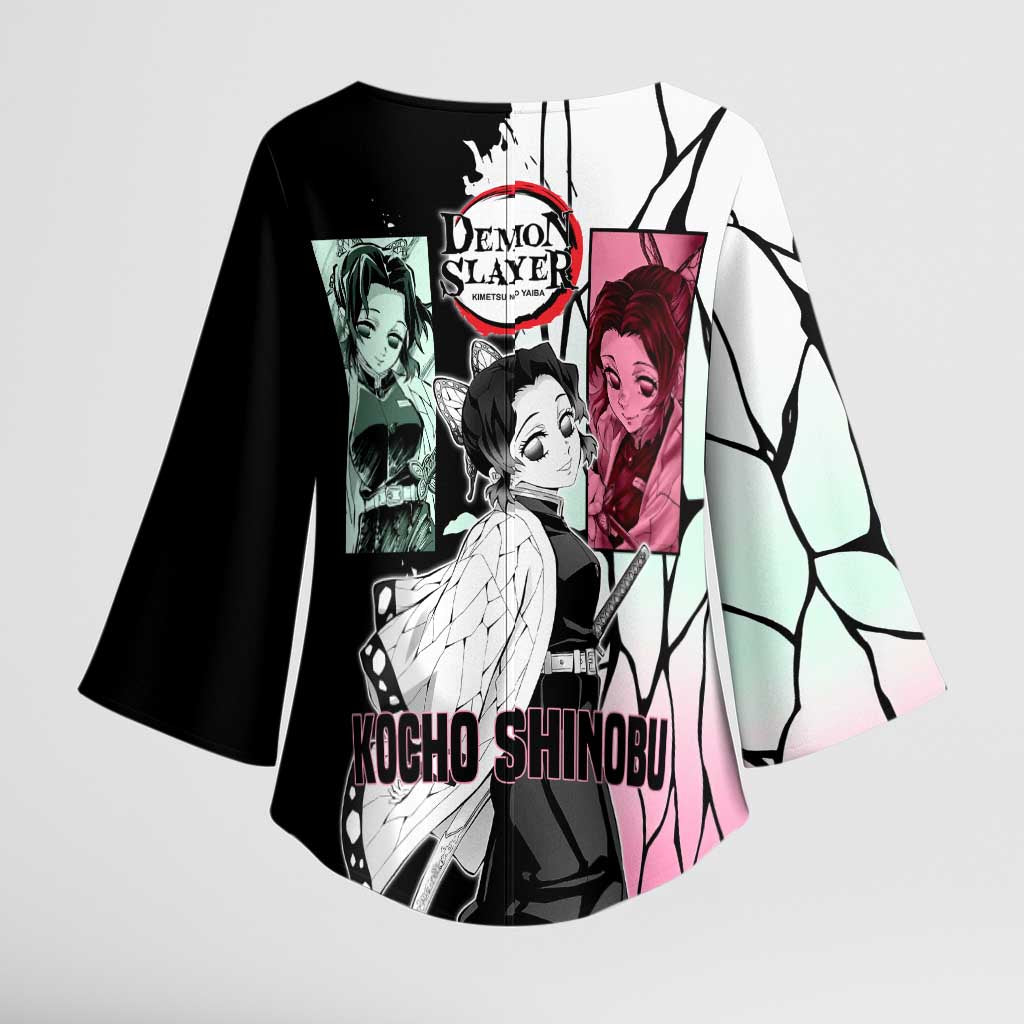 Shinobu Kocho from Demon Slayer Kimono Sleeve Blouse with Black and White Wing Pattern and Pastel Manga Panel Design - The Mazicc