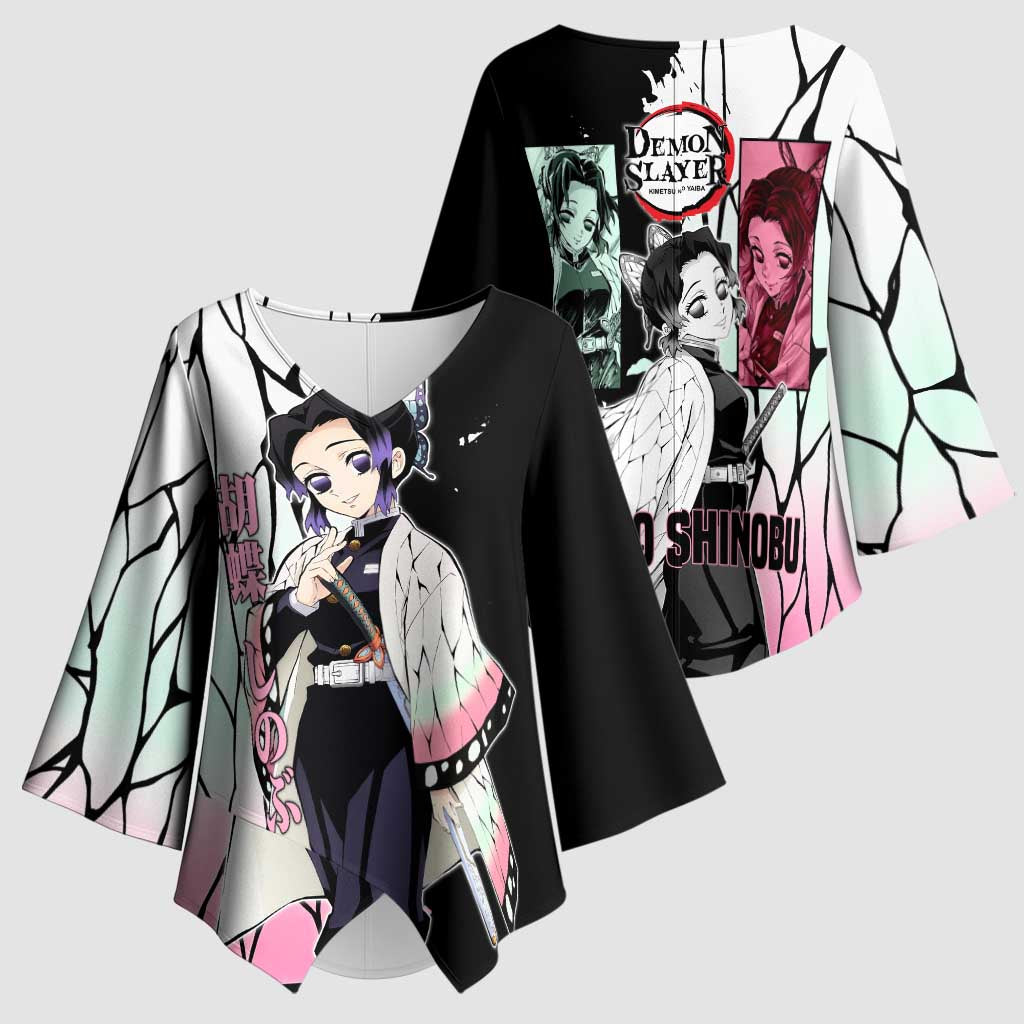 Shinobu Kocho from Demon Slayer Kimono Sleeve Blouse with Black and White Wing Pattern and Pastel Manga Panel Design - The Mazicc