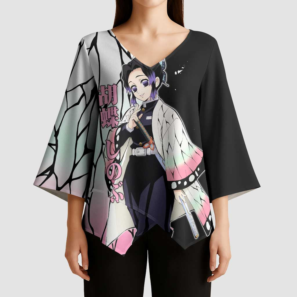 Shinobu Kocho from Demon Slayer Kimono Sleeve Blouse with Black and White Wing Pattern and Pastel Manga Panel Design - The Mazicc