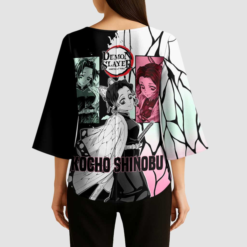 Shinobu Kocho from Demon Slayer Kimono Sleeve Blouse with Black and White Wing Pattern and Pastel Manga Panel Design - The Mazicc