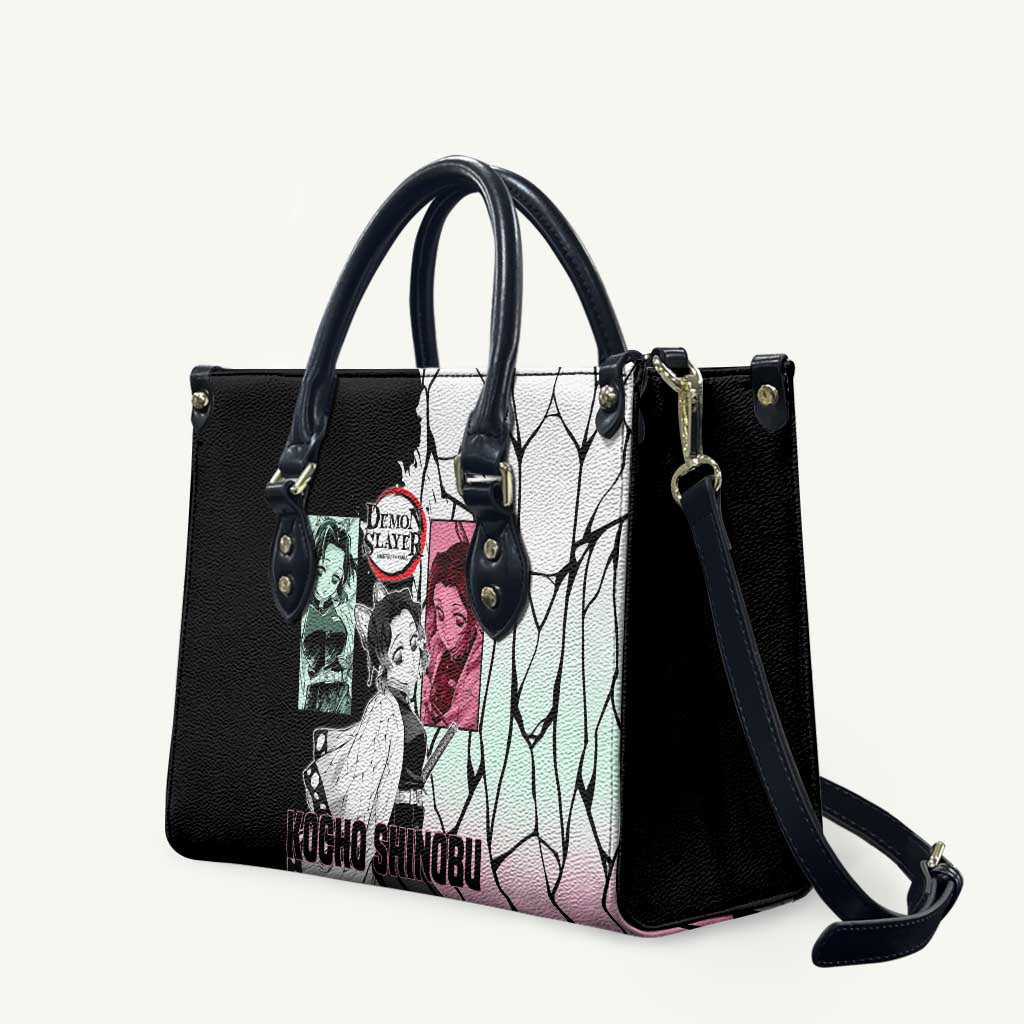 Shinobu Kocho from Demon Slayer Leather Bag with Black and White Wing Pattern and Pastel Manga Panel Design - The Mazicc