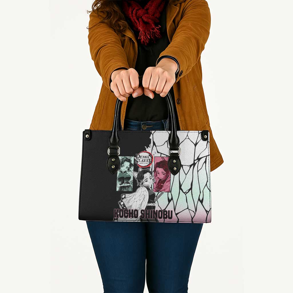 Shinobu Kocho from Demon Slayer Leather Bag with Black and White Wing Pattern and Pastel Manga Panel Design - The Mazicc