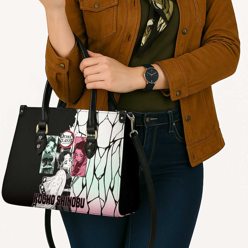 Shinobu Kocho from Demon Slayer Leather Bag with Black and White Wing Pattern and Pastel Manga Panel Design - The Mazicc